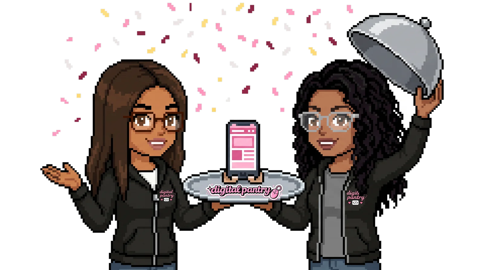 Aaniquah and Imaan serving a new website on a silver tray under falling sprinkles