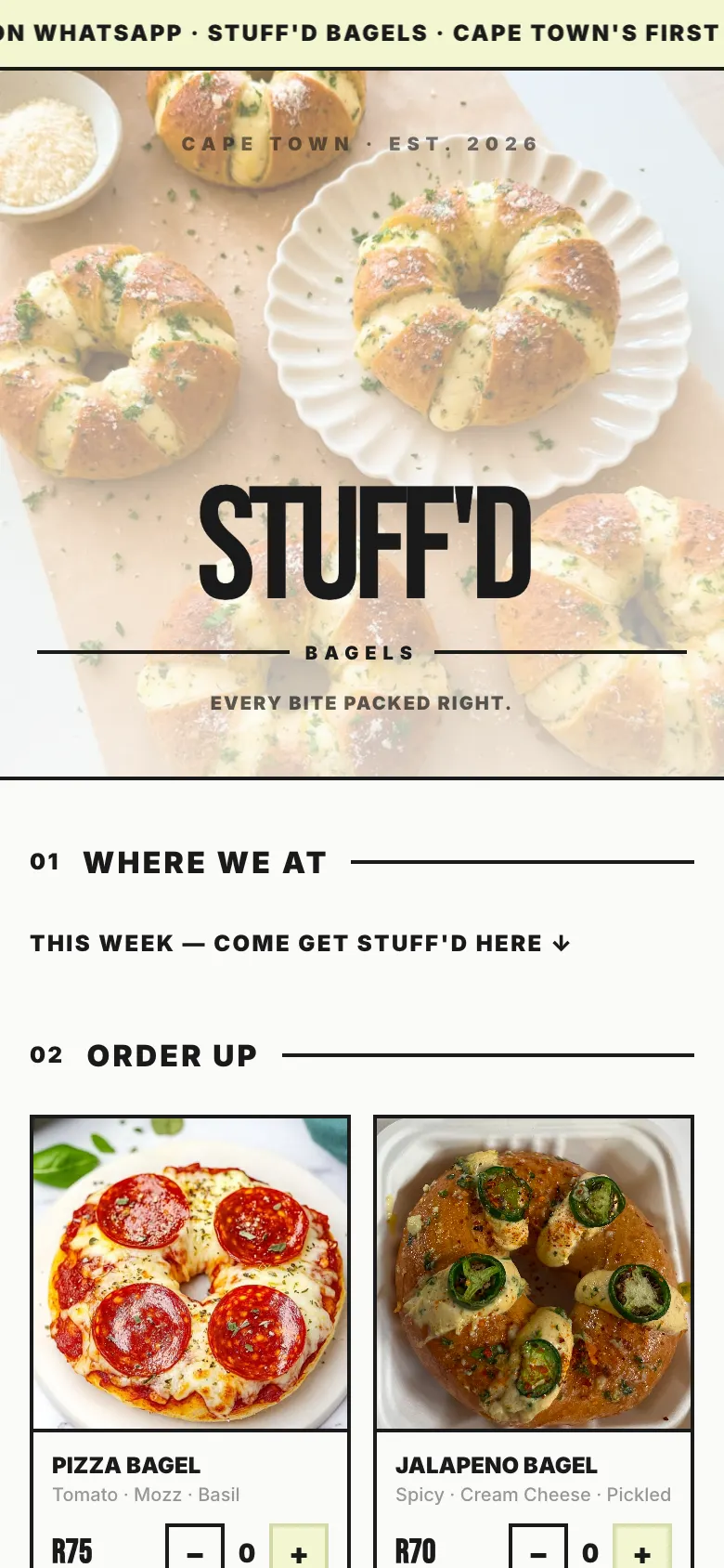 The Stuff'd Bagels website on a phone